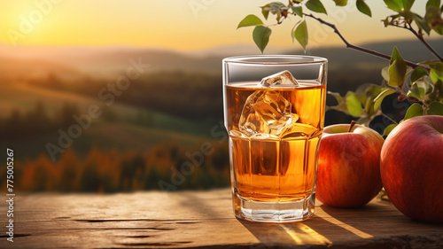 A glass of golden apple cider is accompanied by ripe, red apples on a rustic wooden table, with a warm sunset and apple orchard in the background. Free copy space banner.
