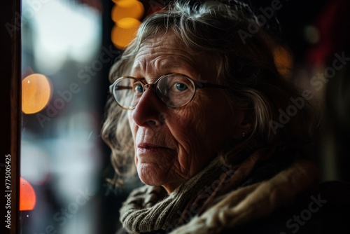 Portrait of senior woman with eyeglasses looking out the window