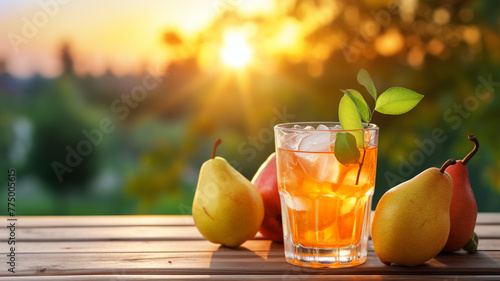 A glass of crisp pear cider accompanied by ripe pears on a rustic wooden table, with the warm glow of a sunset filtering through the leaves.
