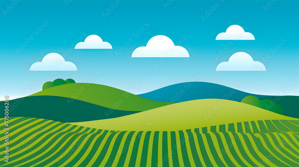 A vibrant cartoon landscape depicting rolling green hills under a sky with fluffy white clouds.
