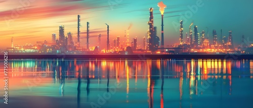 Processing and Exporting Petroleum Products: Oil Refinery Plant with Pipelines and Storage Tanks Emitting Pollution. Concept Petroleum Refining, Gas Emissions, Oil Industry, Environmental Pollution