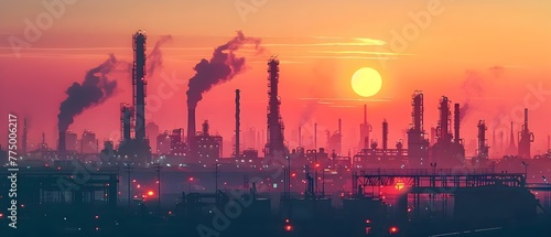 Pollution caused by emissions from an oil refinery plant with pipelines and storage tanks. Concept Oil Refinery Pollution, Emissions, Pipeline Contamination, Storage Tank Leaks, Environmental Impact