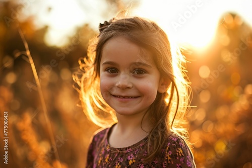 portrait of a beautiful little girl on a background of the setting sun
