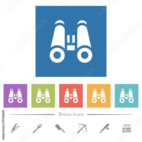Binoculars solid flat white icons in square backgrounds