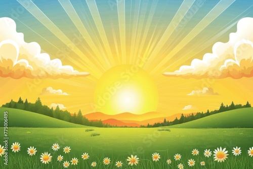 Spring summer natural background of rising sun in blue sky with white clouds over the green flowering meadow