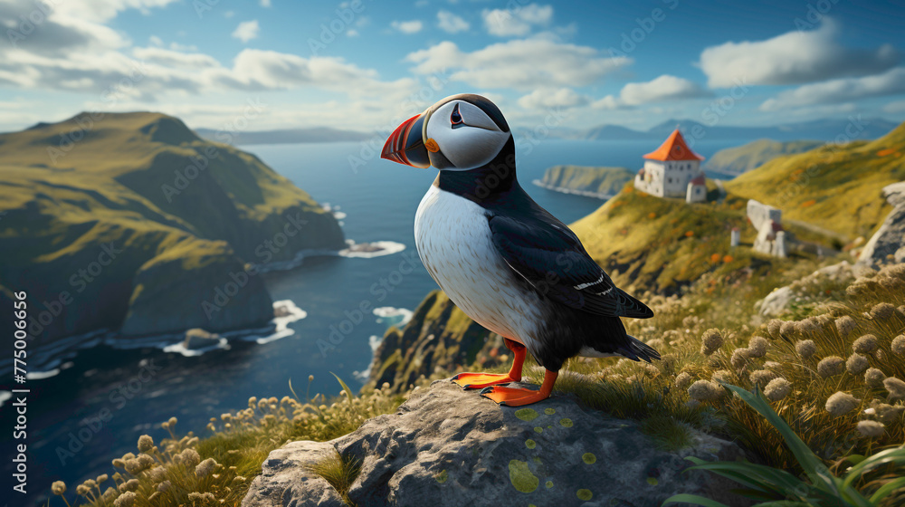 The comical and endearing Atlantic Puffin, with its vibrant beak and expressive eyes, standing proudly on a cliff overlooking the sea. - obrazy, fototapety, plakaty 