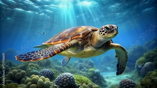 turtle is swimming in underwater of the sea photo