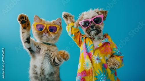 Cat and dog dancing wearing sunglasses and colorful clothes