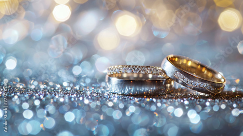 Gold and silver wedding rings rest on a glittering background.