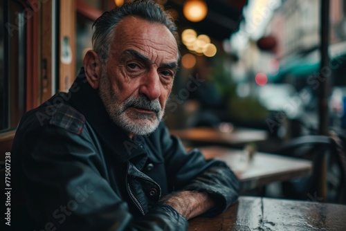 Portrait of an old man sitting at a table in a pub