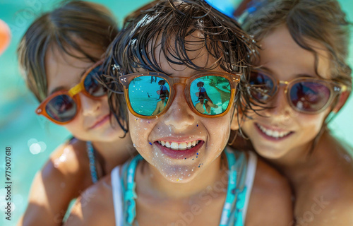 Three young girls are smiling and wearing sunglasses