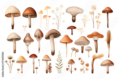 Watercolor mushrooms set isolated on transparent background.