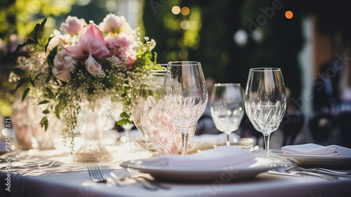 A boho close-up of sparkling rose wine in crystal glasses on a beautifully decorated wedding table with soft bokeh lights and a lush floral arrangement in the warm glow of dusk