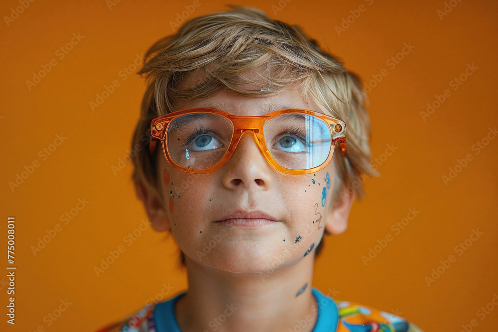 A young boy with orange glasses and blue paint on his face A young boy with orange glasses and blue paint on his face