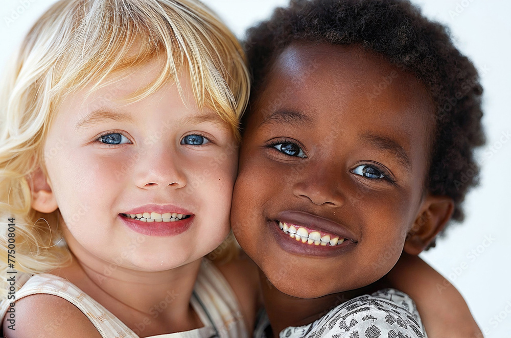 Two young girls are hugging each other, one with blonde hair Two young girls are hugging each other, one with blonde hair