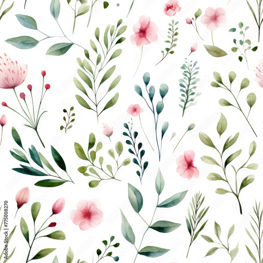 Elegant floral seamless pattern with flower and leaves watercolor on white background.