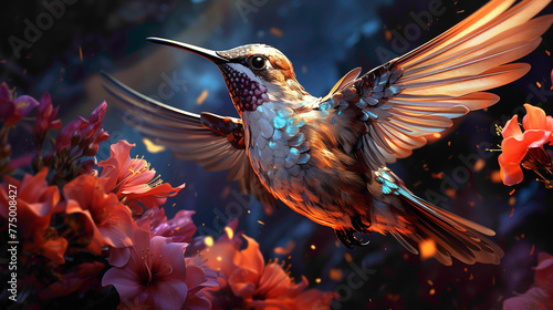 The tiny, round Rufous Hummingbird, frozen in mid-air as it hovers near a cluster of vibrant flowers, its iridescent feathers glistening in the sunlight.