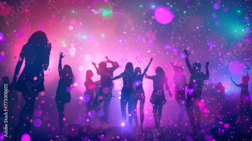 A silhouette of partygoers with raised hands in a club amidst vibrant lights and falling confetti.