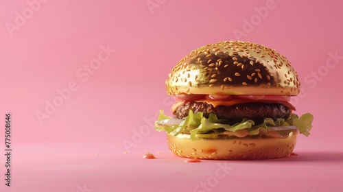 Stylized golden burger on a pink background