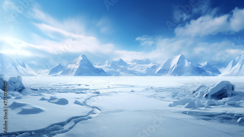 A high-quality photo depicting the stunning ice formations and untouched snowscape of Antarctica under a clear blue sky.