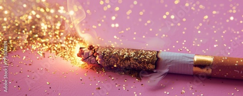 Burning cigarette with glitter on pink background