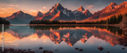 A breathtaking sunrise over the mountains near Lake captures the serene beauty of nature with warm hues in the sky and reflections on the water. The silhouette of mountain peaks adds to its grandeur.