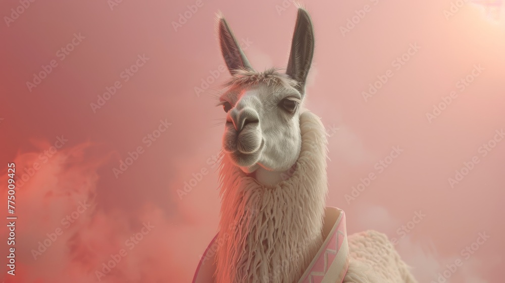 Fototapeta premium Dignified llama with a serene expression under pink sky