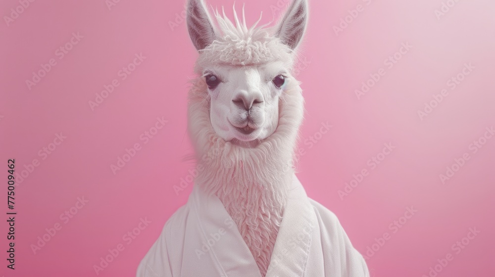 Naklejka premium Llama in a kimono on a pink background
