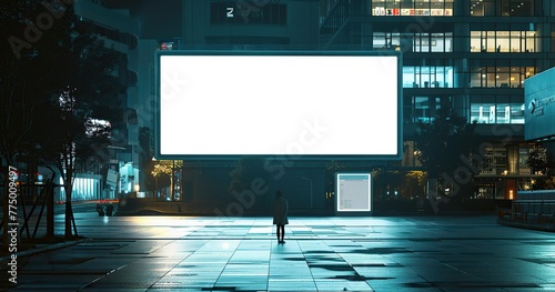 A blank white glowing billboard in the middle of an empty city square at night. The soft, ethereal lighting highlights the contrast between lightness and darkness. 