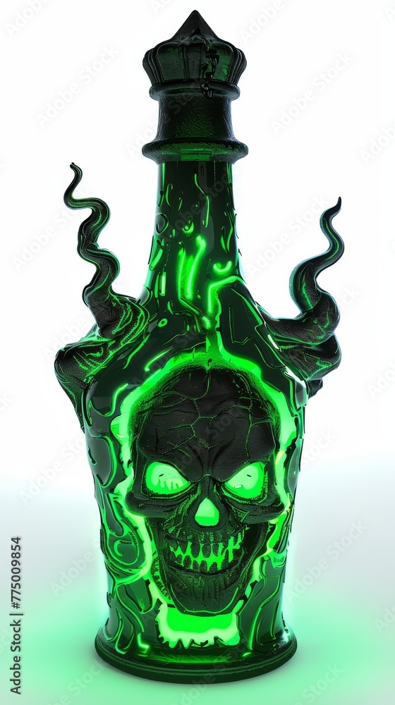 Bottle of green poison, glowing with a sinister aura, white background, 3DCG Bottle of green poison, glowing with a sinister aura, white background, 3DCG