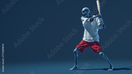 minimalist pastel a zombie wear white blank shirt ,red short pant, holds a baseball bat and takes a swinging stance, dark blue background, 3DCG