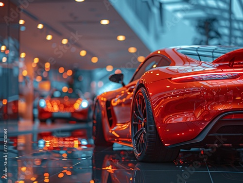 High-End Car Dealership with Sleek Models in Soft Lighting The blurred edges of luxury vehicles hint at speed