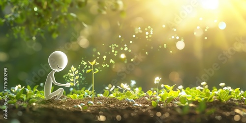 A white line art stick figure with a smile, planting small plant seeds in the ground. The background is a hyper-realistic bokeh effect flower garden with green and white light dots, simulating sunligh photo