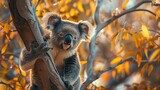 Adorable koala resting in eucalyptus tree  photorealistic wide angle low angle shot