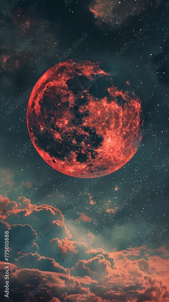 Imaginary red planet in starry sky with clouds Imaginary red planet in starry sky with clouds