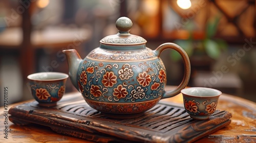 Decorative teapot and cups on wooden tray