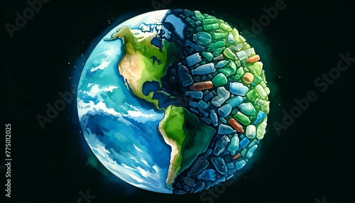 Watercolor poster illustration for earth day with one half of planet earth full of plastic waste. photo
