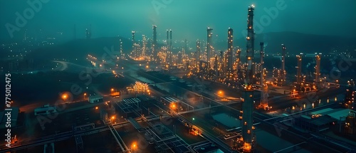 Oil refinery plant at twilight in an industrial zone captured from above. Concept Aerial View  Oil Refinery  Industrial Zone  Twilight  Photography