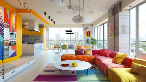 Modern apartment design in bright cheerful colors in style naivety and infantilism. Creative home interior concept. photo