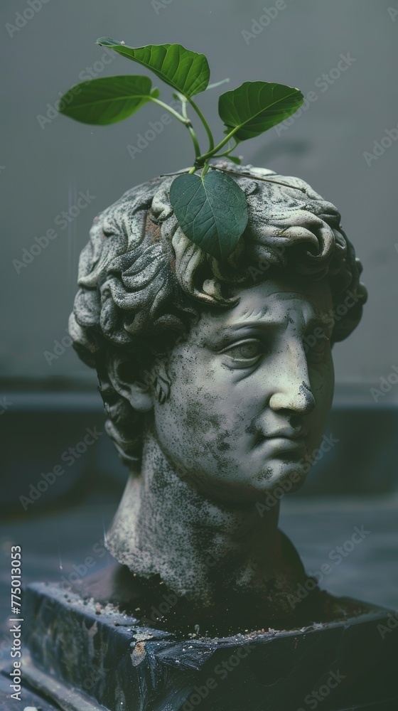 Obraz premium Statue with a plant growing from the head