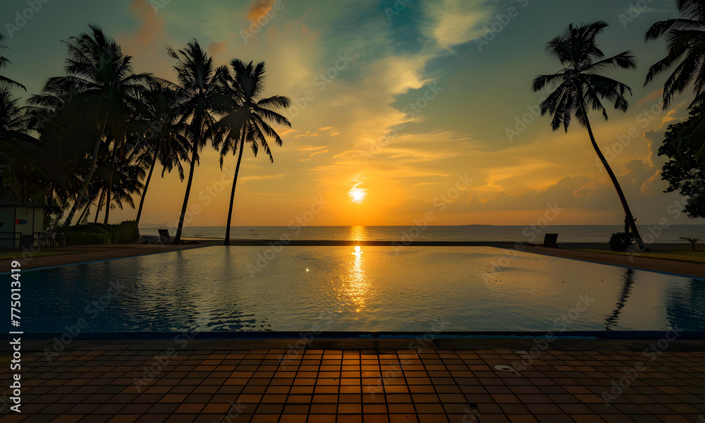 sunset and sea view form swimming pool in front of the beach