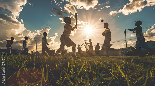 The dreams and aspirations of young baseball players as they practice on a neighborhood field. Photograph a group of children playing catch, swinging bats, and running bases with joy and determination