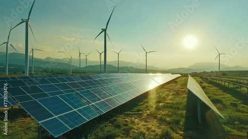 Green Technology, Wind Turbines and Solar Panels Amidst Natural Environment