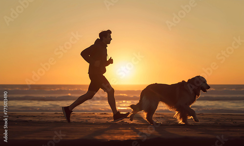 young man jogging on the beach with a golden retriever dog in silhouette at the sunset time. peace full beach sunset time vibe