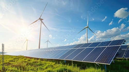 Green Technology, Wind Turbines and Solar Panels Amidst Natural Environment