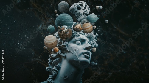 Surreal statue with planetary orbs
