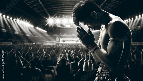 Muay Thai Fighter Honors Tradition: A Solemn Pre-Fight Respect in the Stadium photo