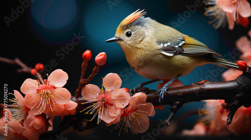 A tiny goldcrest perched on a branch, its delicate features and vibrant colors captured in exquisite detail.
