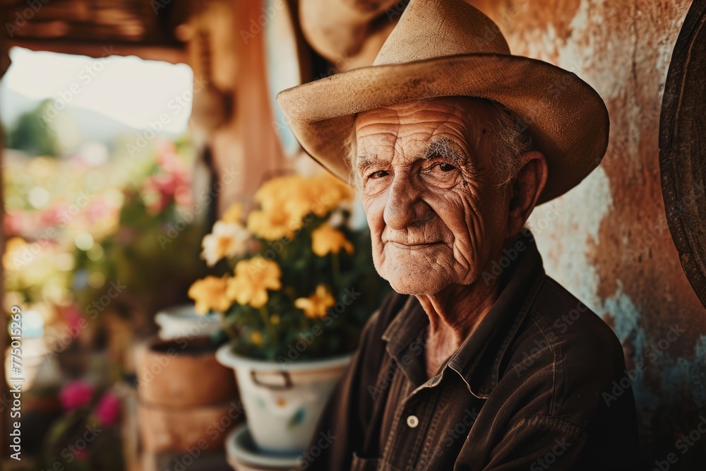 Portrait of an old man in a hat with flowers in his hands