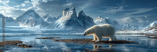 Majestic polar bear roaming arctic ice with snowy mountains in moonlit photorealistic scene photo